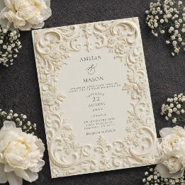 Invitation Élégant Mariage Baroque Style Ivoire Embossé