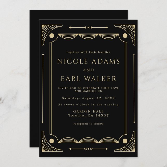 Invitation Élégant Mariage Black Deco Gold (Devant / Derrière)