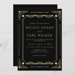 Invitation Élégant Mariage Black Deco Gold