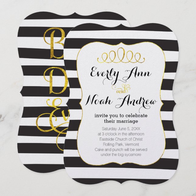 Invitation Élégant Mariage Black Stripe Faux Gold Elements (Devant / Derrière)