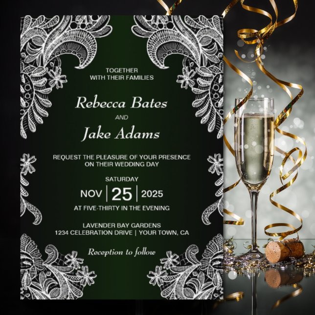 Invitation Élégant Mariage blanc dentelle verte (Créateur téléchargé)