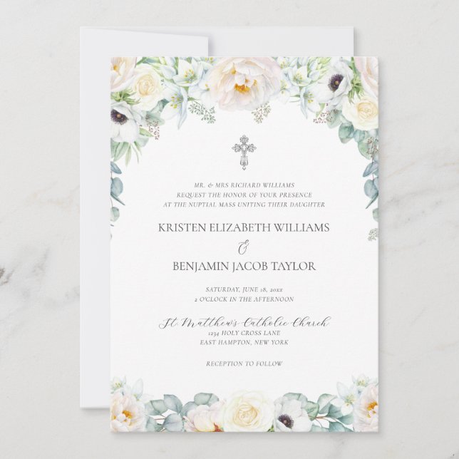 Invitation Élégant Mariage blanc floral catholique avec RSVP (Devant)