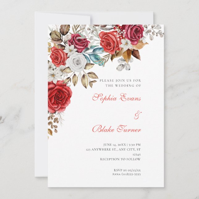 Invitation Élégant Mariage blanc Rose et rouge (Devant)