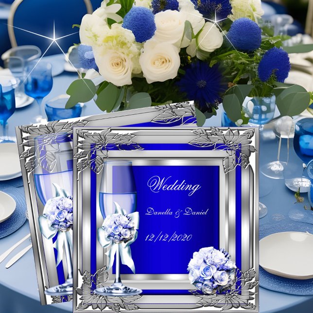 Invitation Elégant mariage bleu argent Roses floraux (Créateur téléchargé)