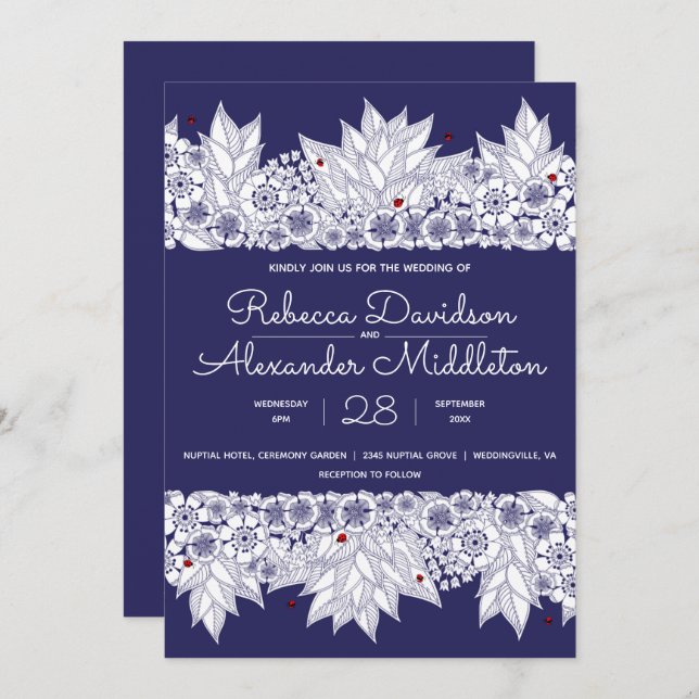 Invitation Elégant Mariage bleu blanc (Devant / Derrière)