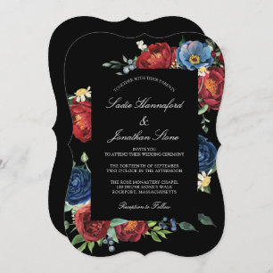 Invitation Elégant Mariage bleu bleu Bourgogne rouge floral