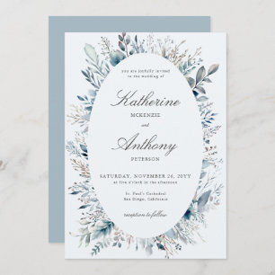 Invitation Elégant Mariage bleu encadré Boho Foliage d'hiver