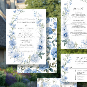 Invitation Élégant Mariage bleu et blanc Floral été