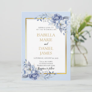 Invitation Elégant Mariage bleu et or floral Dusty