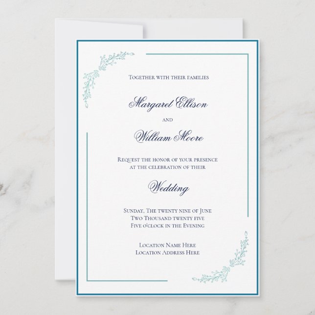 Invitation Élégant Mariage bleu et Turquoise de fleurs (Devant)