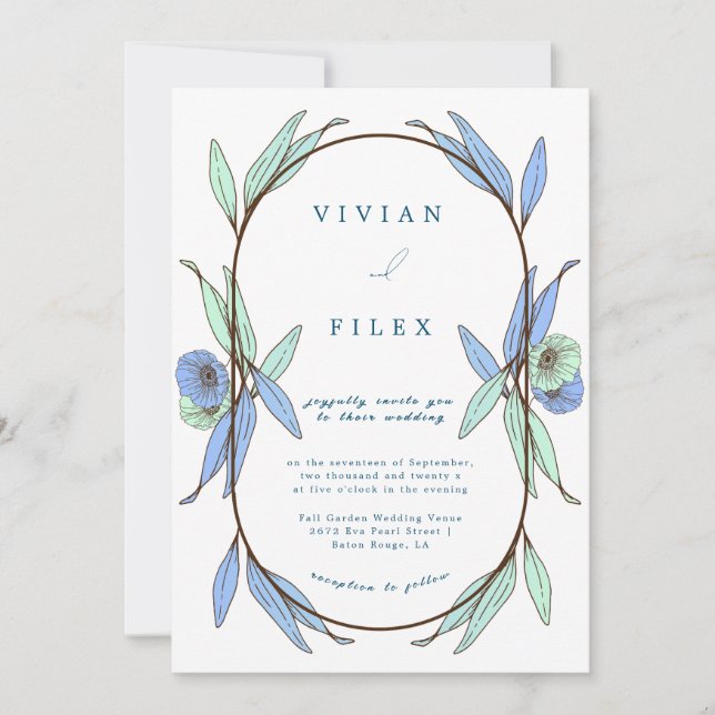 Invitation Élégant Mariage bleu floral (Devant)