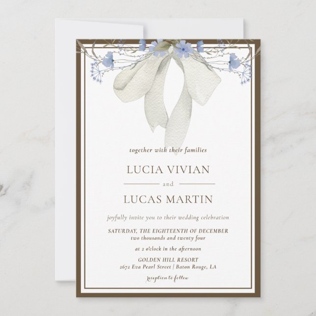 Invitation Élégant Mariage bleu floral Bow (Devant)