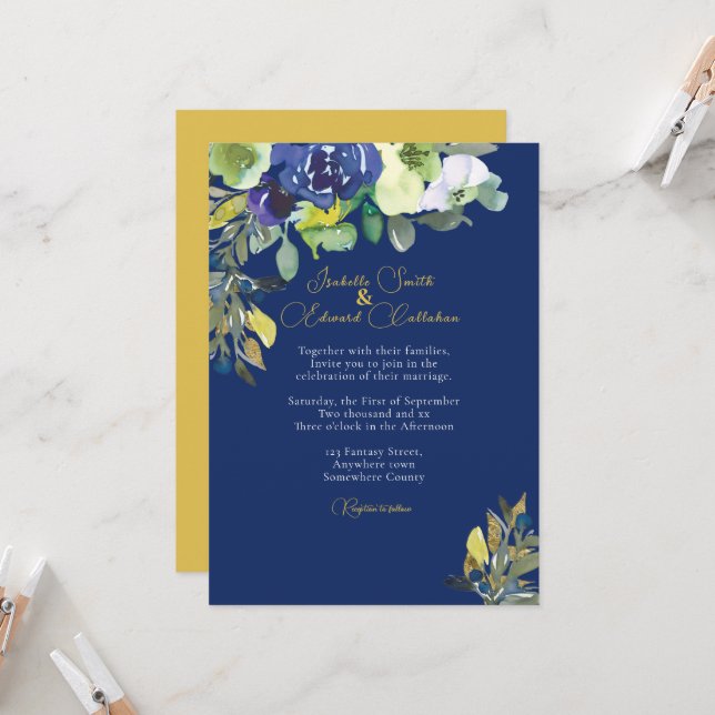 Invitation Elégant Mariage bleu foncé floral marine (Devant/Arrière en situation)
