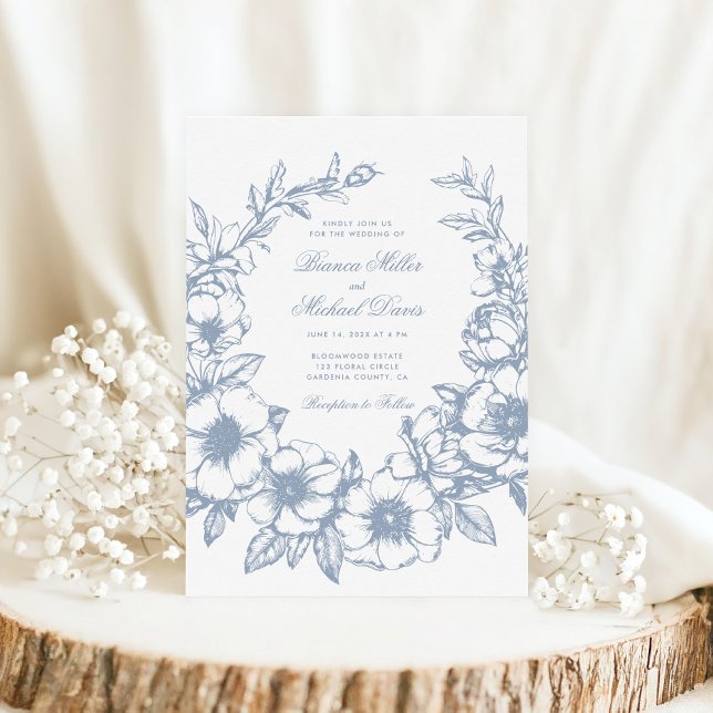 Invitation Elégant Mariage Bleu Main Tiré Wreath (Créateur téléchargé)