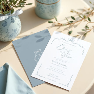 Invitation Elégant Mariage Bleu Main Tirée Bow & Ribbon