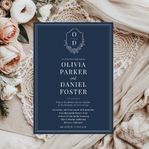 Invitation Élégant Mariage bleu marine de crête classique
