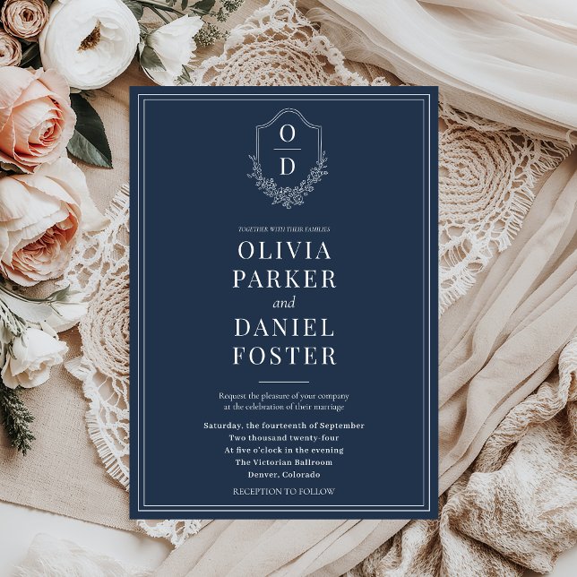Invitation Élégant Mariage bleu marine de crête classique (Créateur téléchargé)