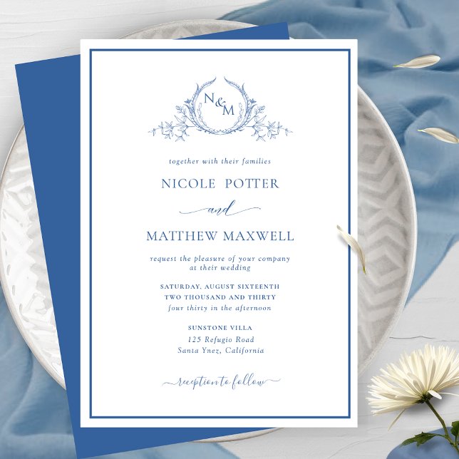 Invitation Élégant Mariage bleu Monogram (Créateur téléchargé)