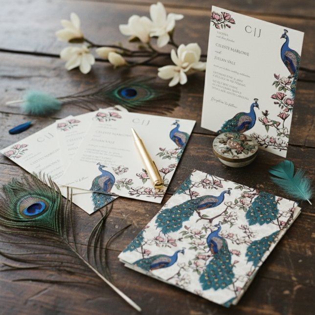 Invitation Elégant Mariage bleu paon et fleurs de Magnolia (Elegant Floral Peacock Wedding Invitations in Ivory. Chic Pattern of Peafowl Birds & Magnolia Flower)