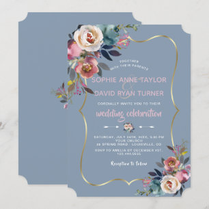 Invitation Elégant Mariage bleu rose rose floral or Dusty