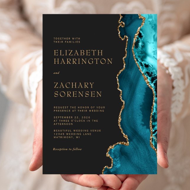 Invitation Élégant mariage bleu sarcelle agate or (Créateur téléchargé)