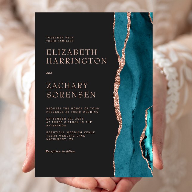 Invitation Élégant Mariage Bleu Sarcelle Agate Or Rose (Créateur téléchargé)