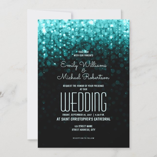 Invitation Elégant mariage bleu turquoise lumières bokeh arri (Devant)