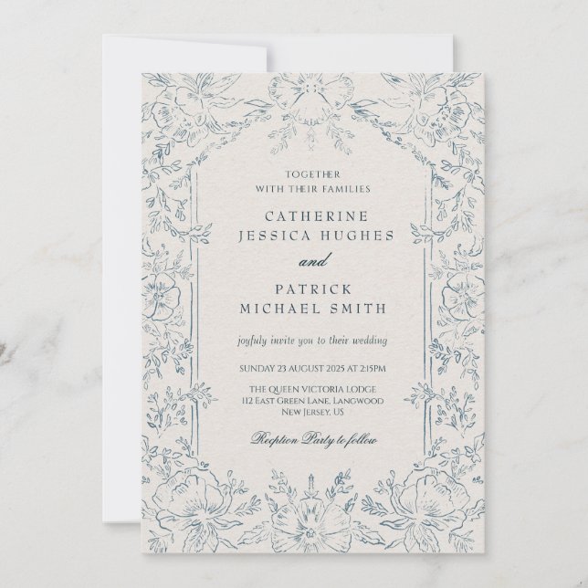 Invitation Élégant Mariage bleu victorien Floral (Devant)