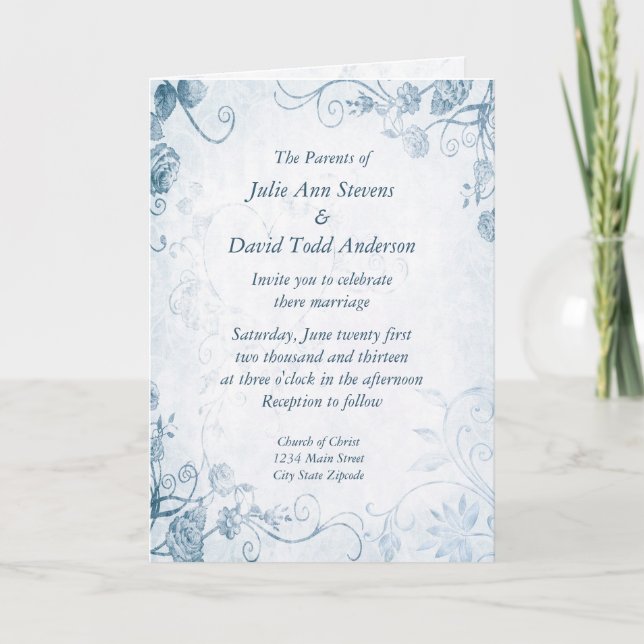 Invitation Elégant mariage bleu Vintage (Devant)