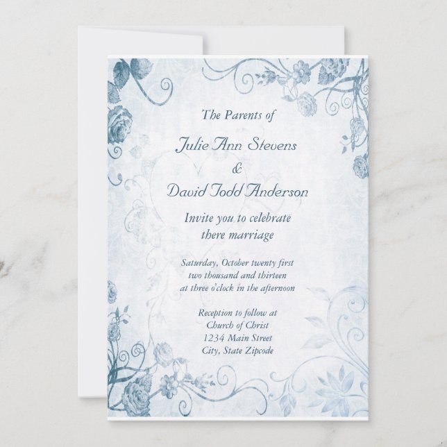 Invitation Elégant mariage bleu Vintage (Devant)