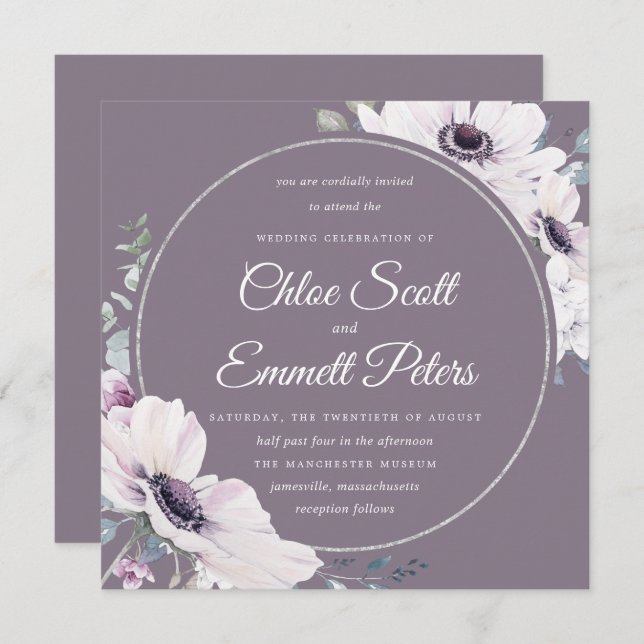 Invitation Élégant Mariage bleu violet fleuri argent (Devant / Derrière)