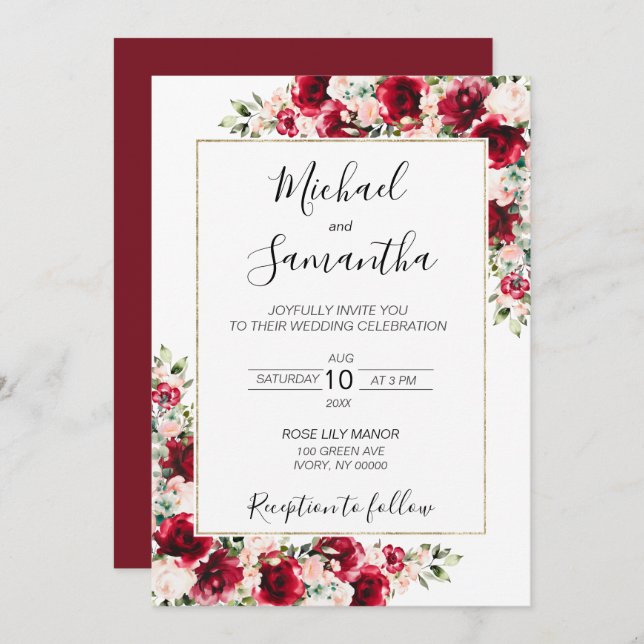 Invitation Élégant Mariage Blush et Red Roses (Devant / Derrière)
