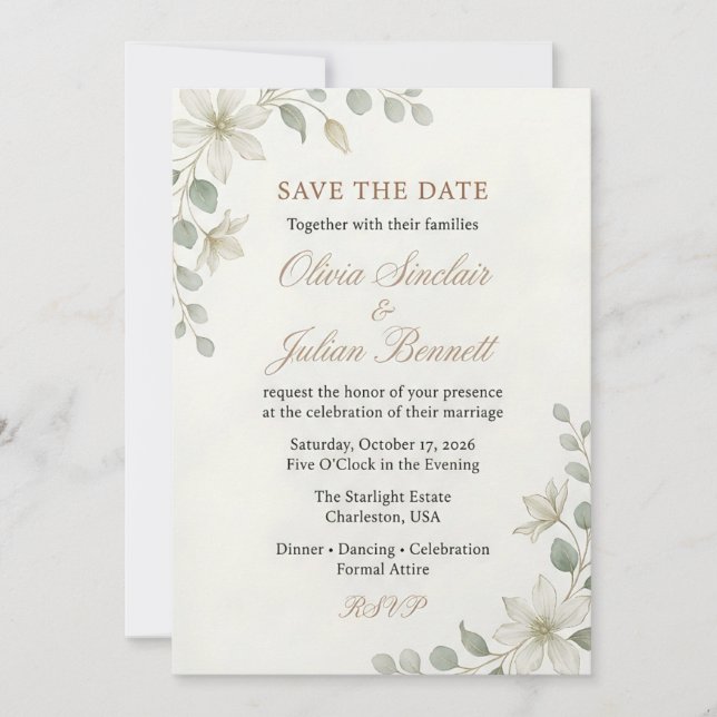 Invitation Élégant mariage bohème avec verdure et fleurs beig (Devant)