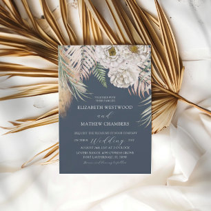 Invitation Élégant Mariage Bohème Bleu Herbe de Pampas
