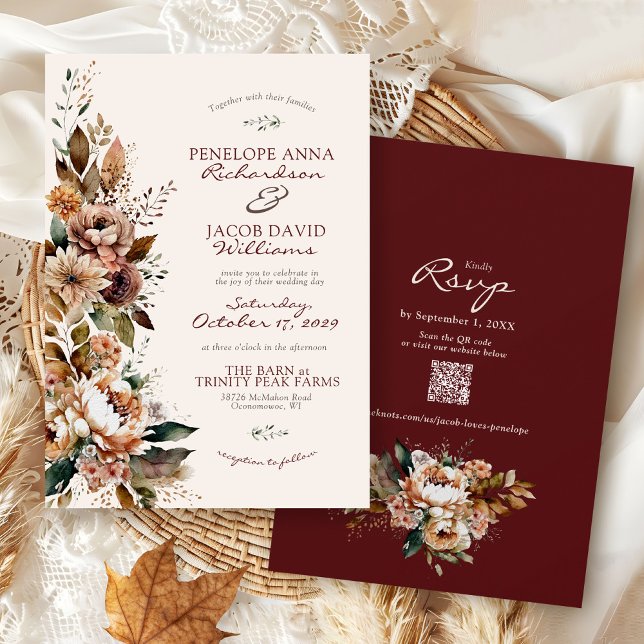 Invitation Élégant Mariage Bohème d'Automne aux Fleurs de Bou (Elegant watercolor Fall floral burgundy ivory terracotta rustic Autumn QR code wedding invitation)