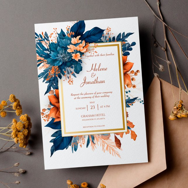 Invitation Elégant Mariage Boho de rouille Indigo (Elegant Indigo Rust Watercolor Boho Wedding Invitation)