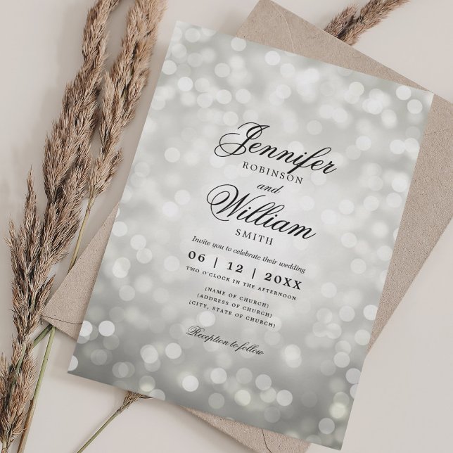 Invitation Elégant Mariage Bokeh éclaire Romantique Argent (Elegant Wedding Bokeh Lights Romantic Silver Invitation)