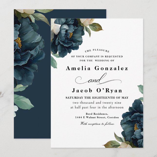 Invitation Élégant mariage botanique bleu marine  (Devant / Derrière)