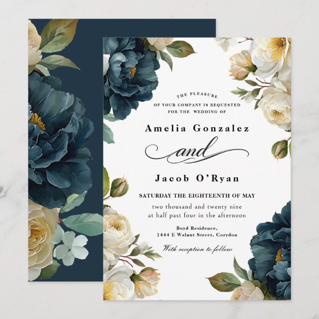 Invitation Élégant mariage botanique bleu marine  (Devant / Derrière)