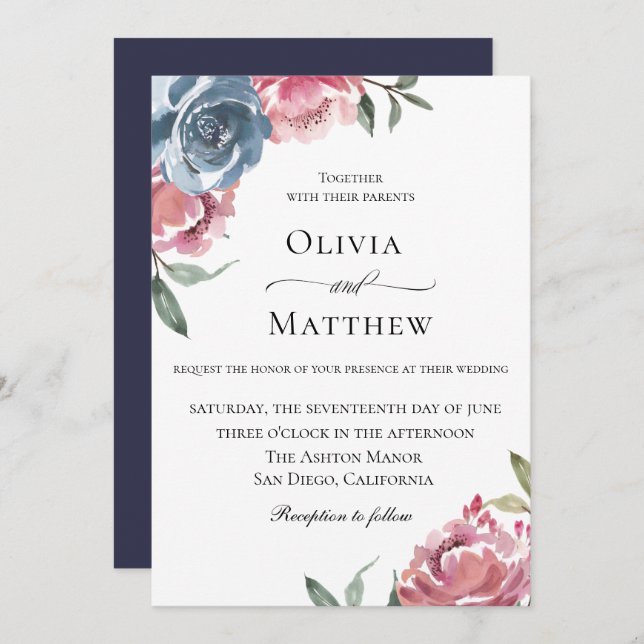 Invitation Élégant Mariage botanique bleu marine Mauve (Devant / Derrière)