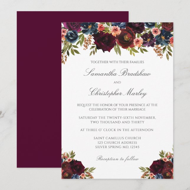 Invitation Élégant Mariage botanique bordeaux foncé (Devant / Derrière)