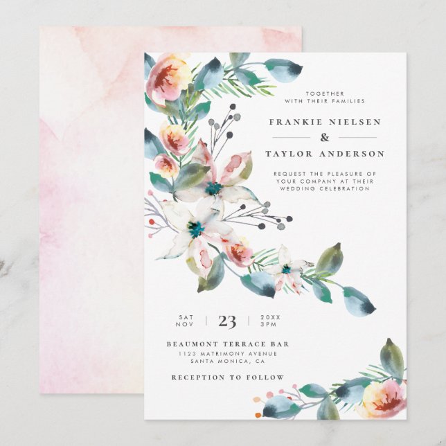 Invitation Elégant Mariage botanique de couleur rose pâle (Devant / Derrière)