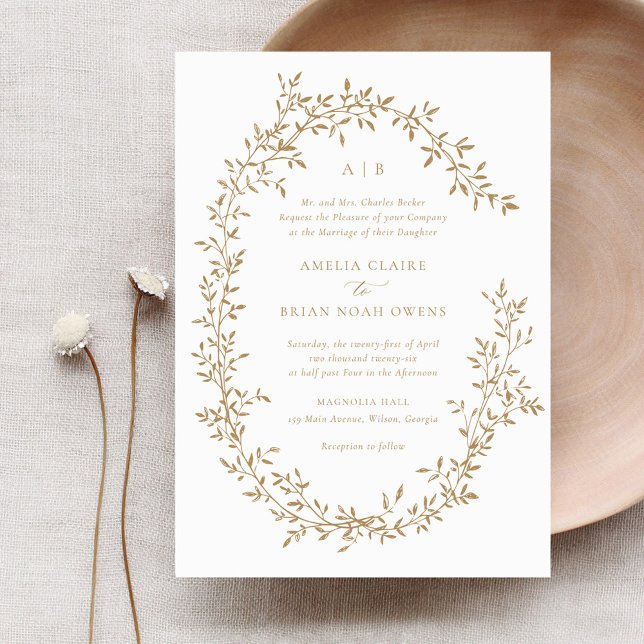 Invitation Élégant Mariage botanique de Gold Laurel Wreath fe (Créateur téléchargé)