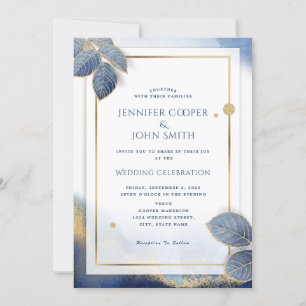 Invitation Élégant Mariage botanique en marbre bleu or