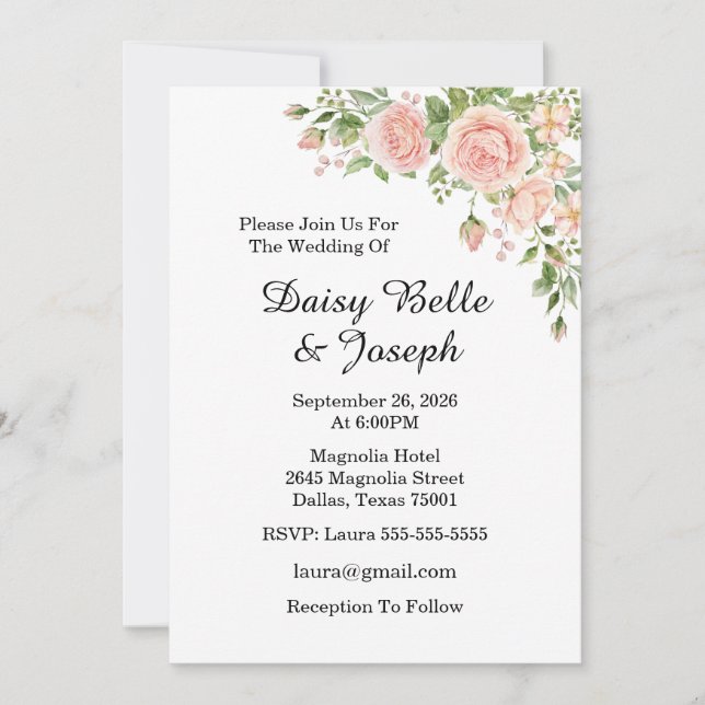 Invitation Élégant Mariage Botanique Fleur Rose (Devant)