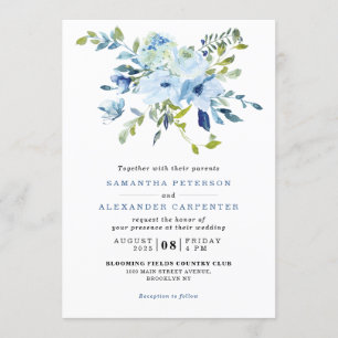 Invitation Élégant Mariage botanique floral de la marine bleu