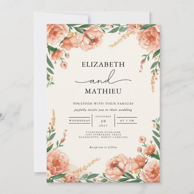 Invitation Élégant Mariage botanique floral de pêche (Devant)