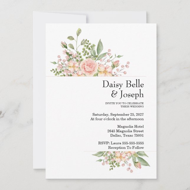 Invitation Élégant Mariage Botanique Floral Rose Rose (Devant)