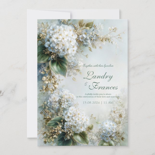 Invitation Élégant Mariage Botanique Hydrangea Or Blanc (Devant)