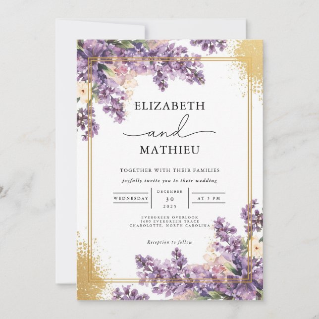 Invitation Élégant Mariage Botanique Lilac (Devant)